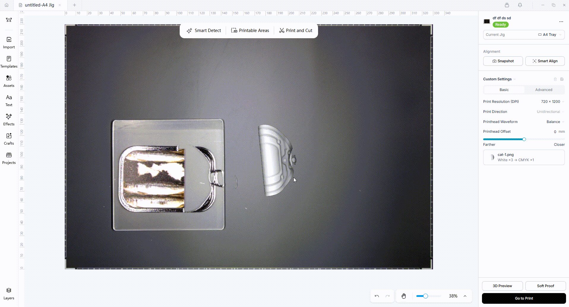 Gold-stamping layer positioned before selecting Go to Print