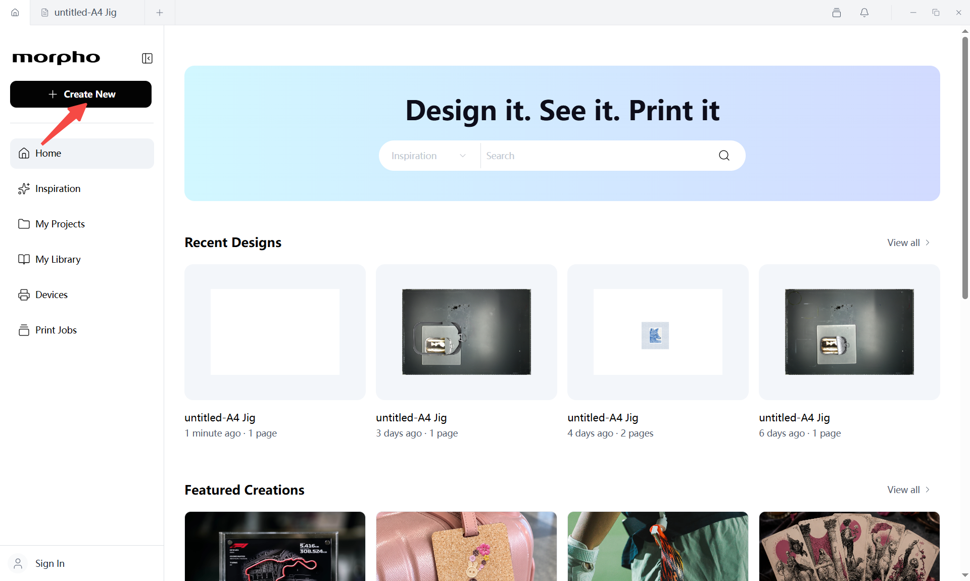 Morpho Studio home screen with the Create New button highlighted