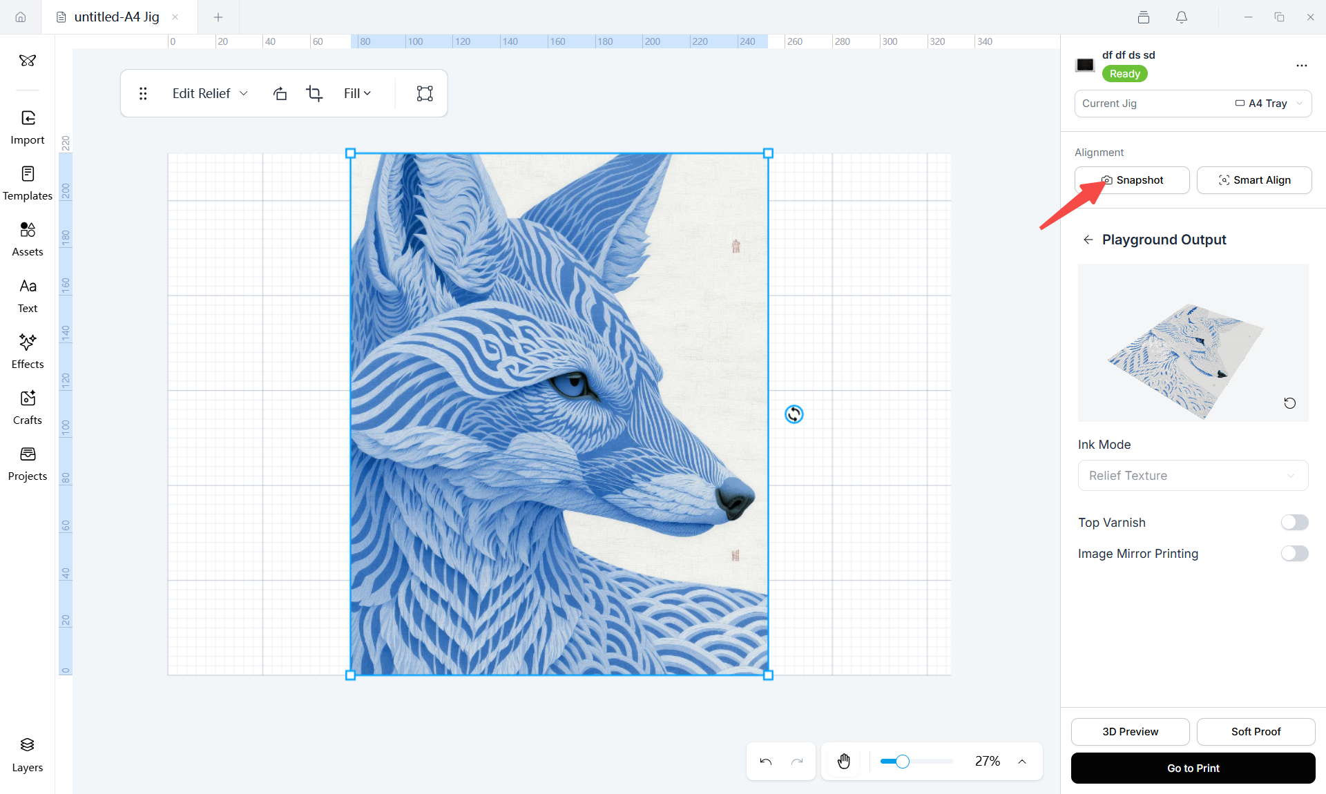 Snapshot button for capturing the print material outline and height