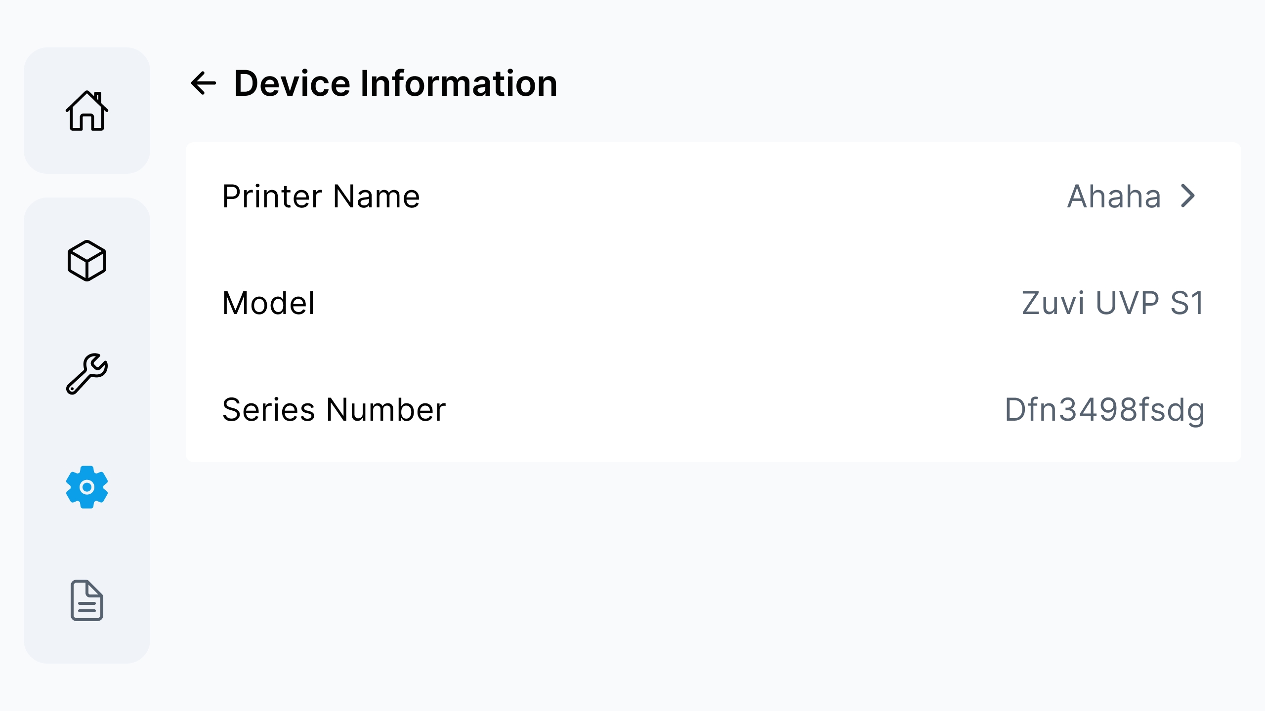 Device Information: view the name, model, and serial number