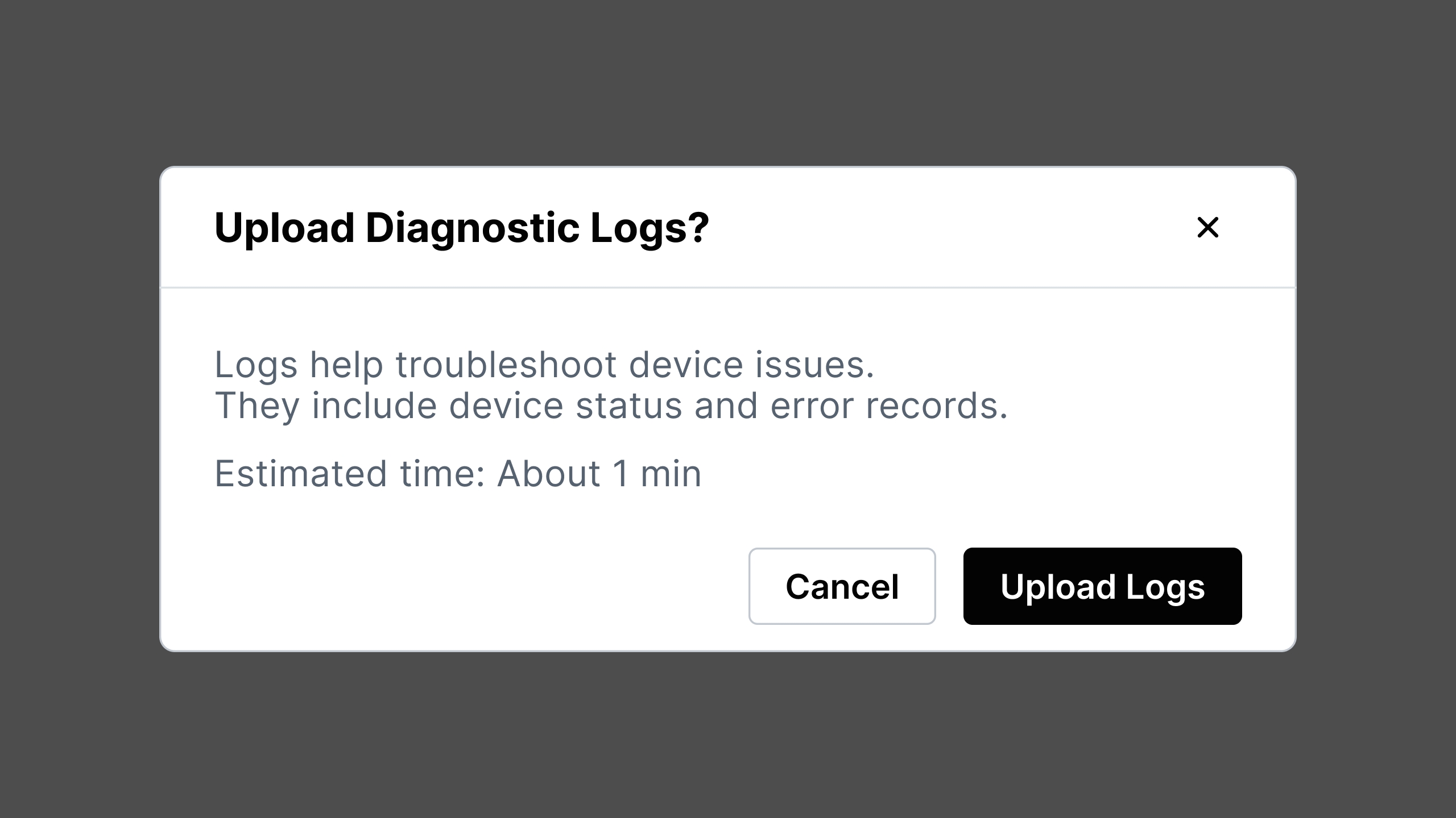 Upload Diagnostic Logs: confirm the upload