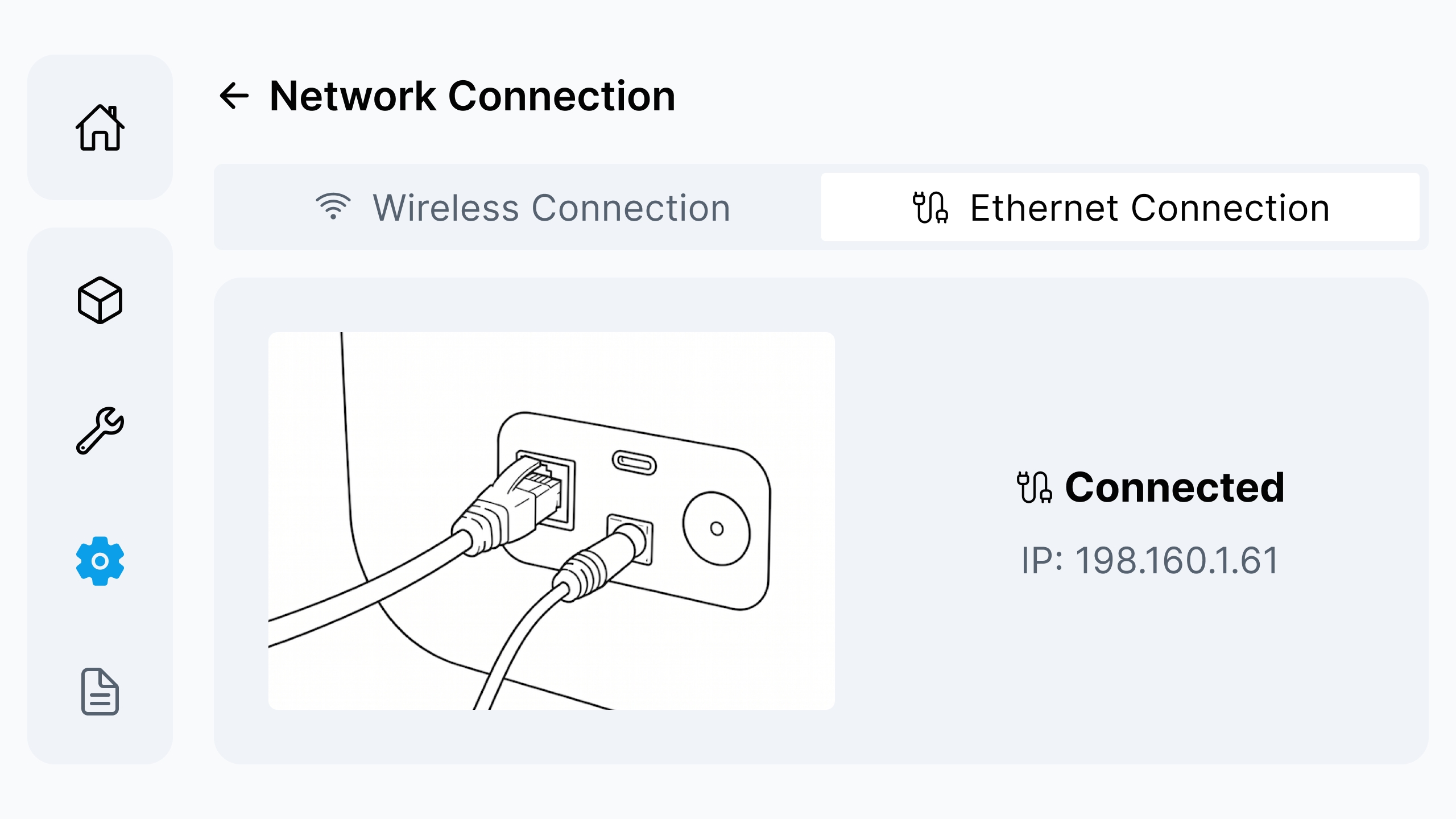 Ethernet Connection: confirm Connected and the IP address