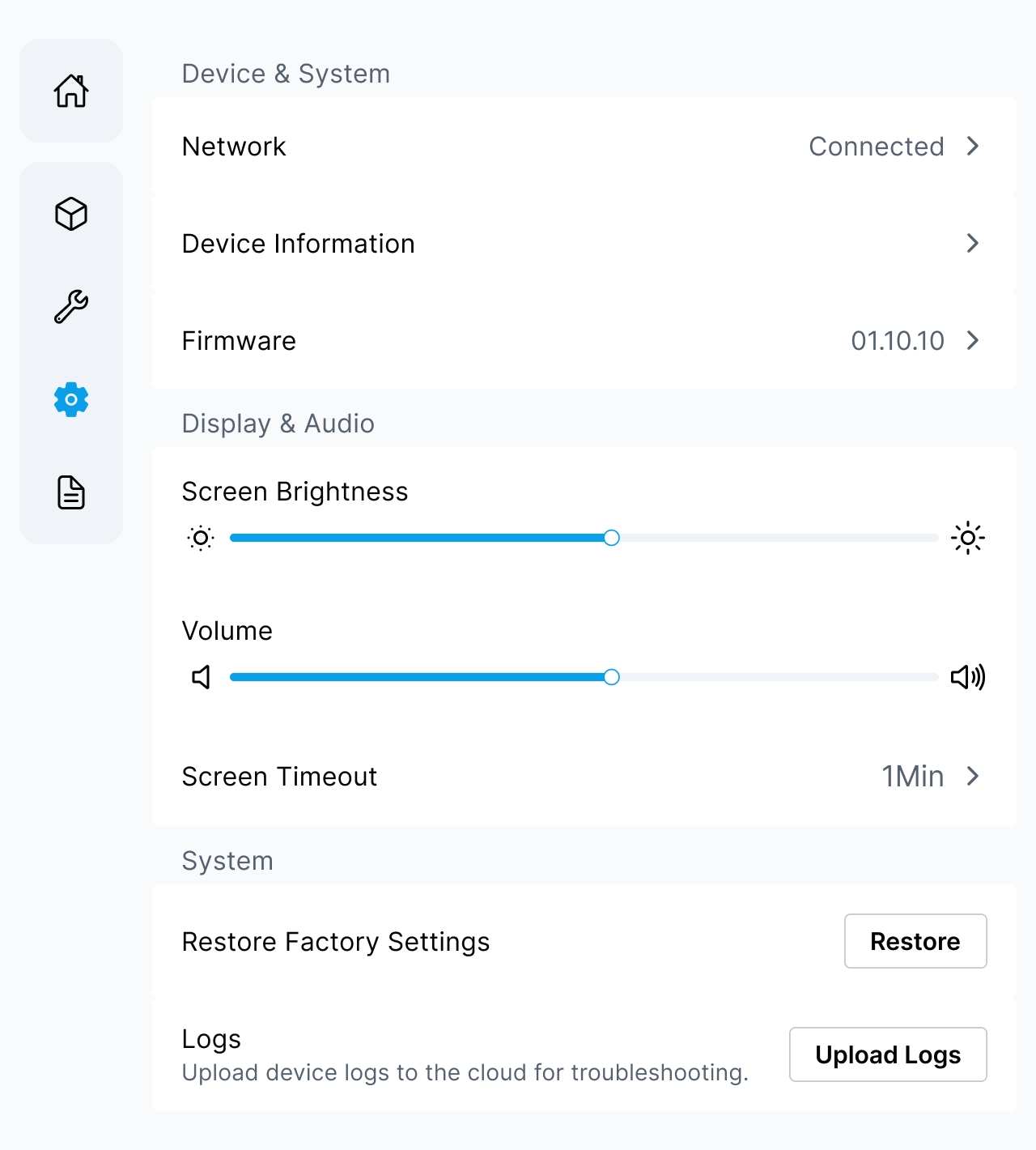 Settings: select the required settings item