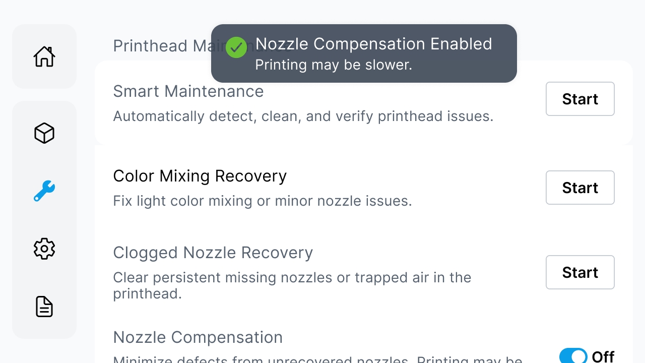 Nozzle compensation enabled