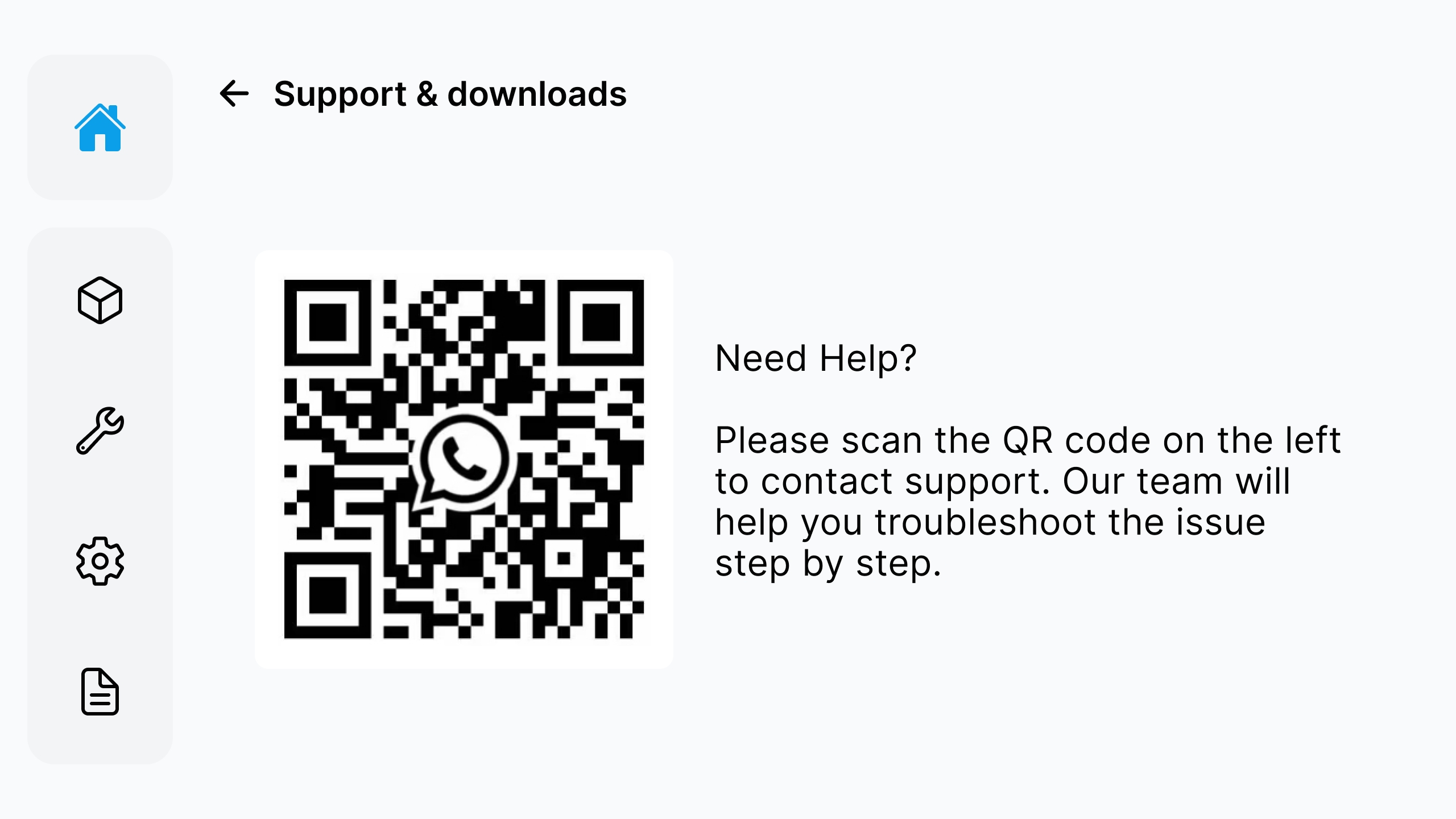Support and Downloads screen