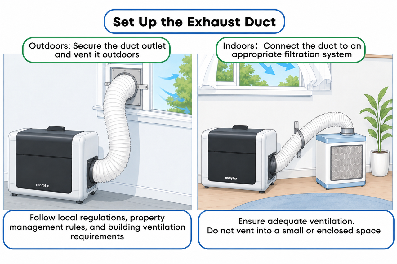 Outdoor exhaust and indoor filtration duct configurations