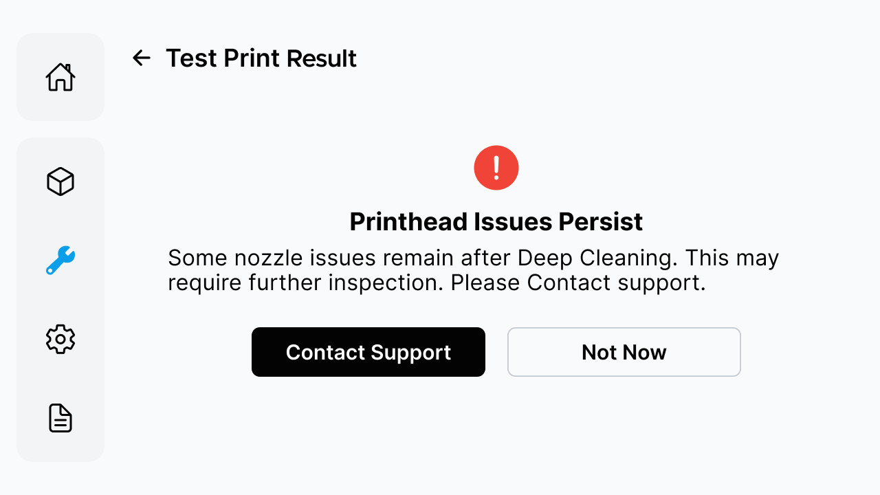 Printhead Issues Persist result screen