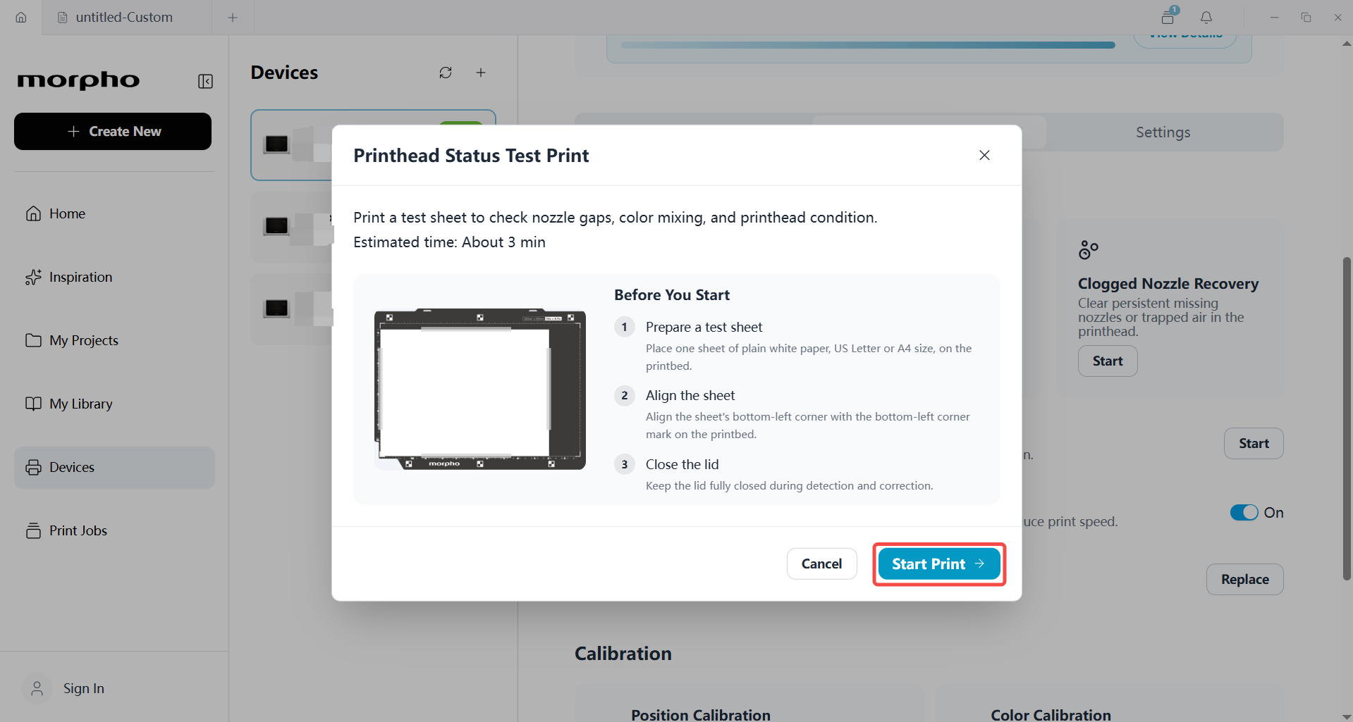 Open Printhead Status Test Print in Morpho Studio