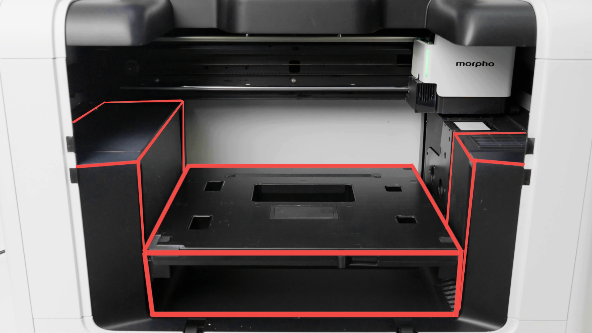 Printer interior surfaces highlighted in red for cleaning