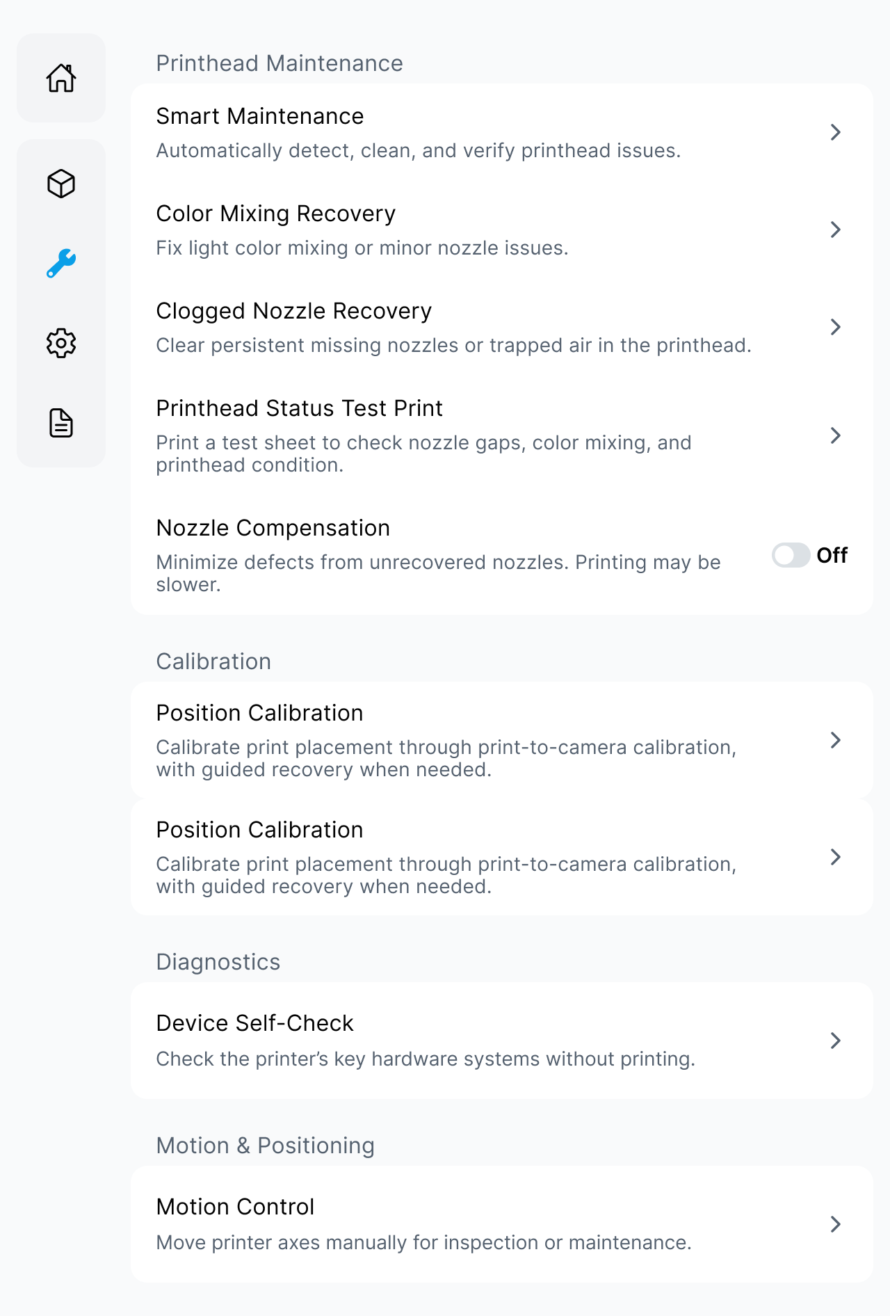 Maintenance menu with Motion Control entry