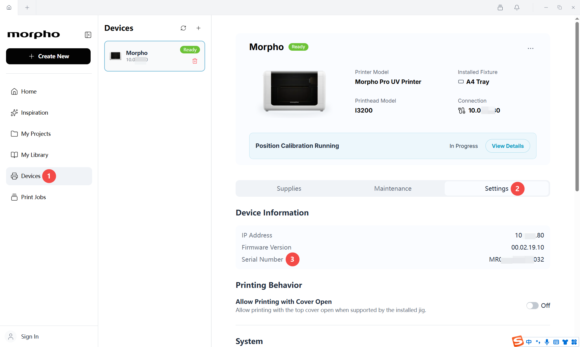 Morpho Studio showing Devices, Settings, and the Serial Number field.