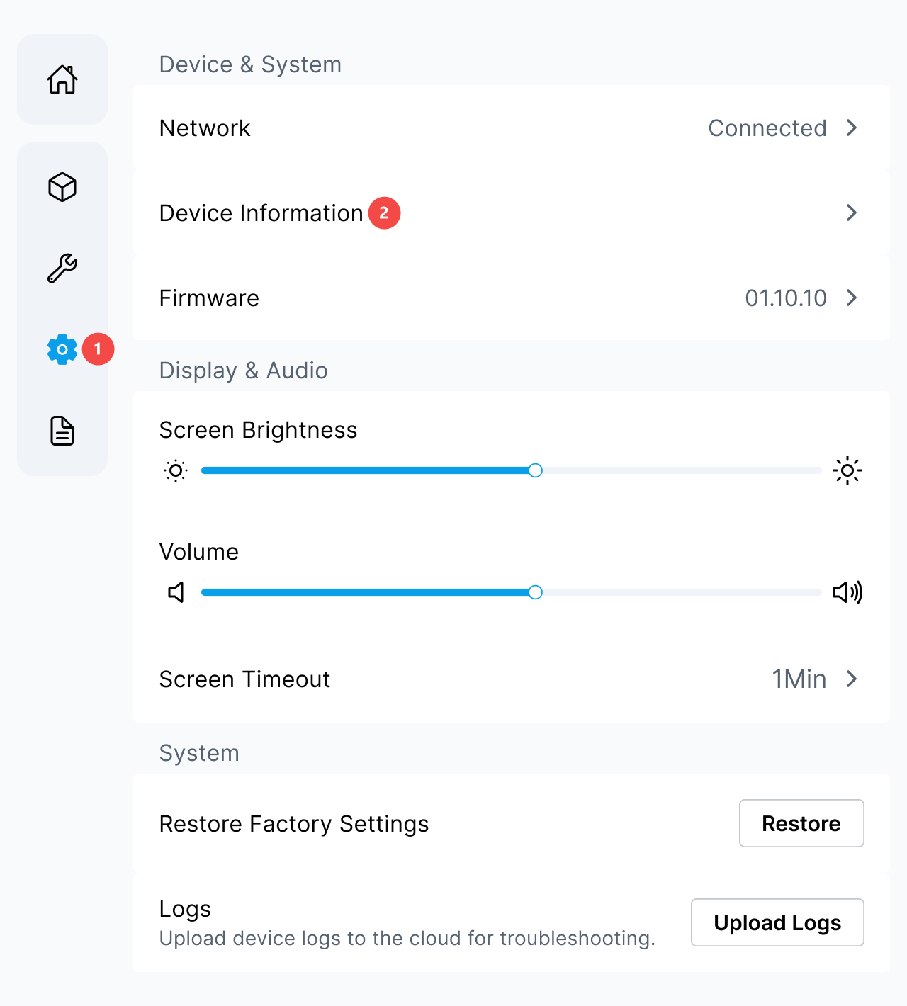 Printer touchscreen showing the settings icon and Device Information.